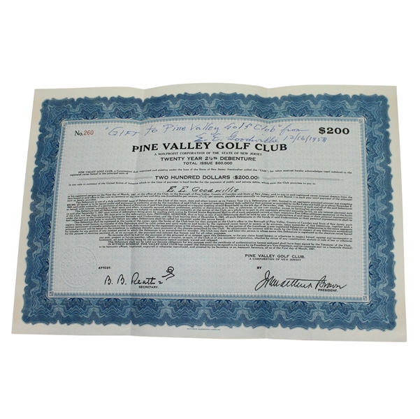 1947 Pine Valley Golf Club Bond Certificate #260 for $200