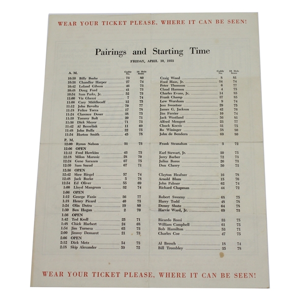 1953 Masters Friday Pairing Sheet - Ben Hogan Winner