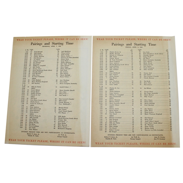 1960 Masters Thursday & Friday Pairing Sheets - Arnold Palmer Winner