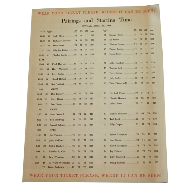 1960 Masters Sunday Pairing Sheet - Arnold Palmer Winner