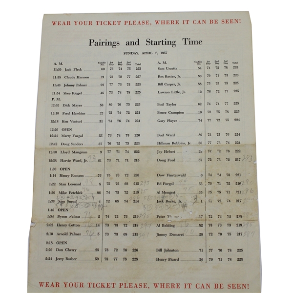 1957 Masters Sunday Pairing Sheet - Doug Ford Winner
