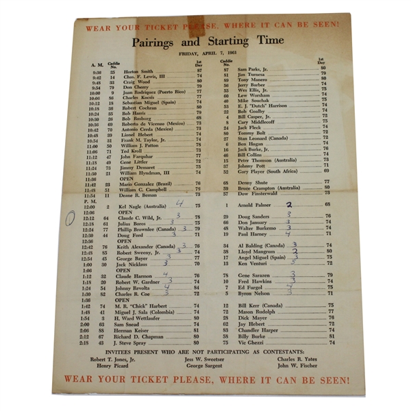 1961 Masters Friday Pairing Sheet - Gary Player Winner