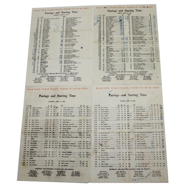 1964 Masters Thursday, Friday, Saturday, & Sunday Pairing Sheets - Palmer Winner