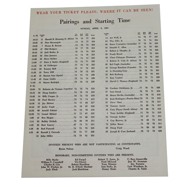 1967 Masters Sunday Pairing Sheet - Gay Brewer Winner