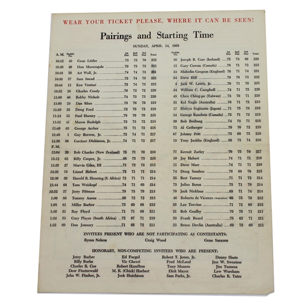 1968 Masters Sunday Pairing Sheet - Bob Goalby Winner
