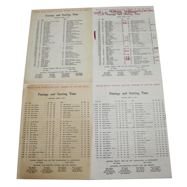 1970 Masters Thursday, Friday, Saturday, & Sunday Pairing Sheets - Billy Casper Winner