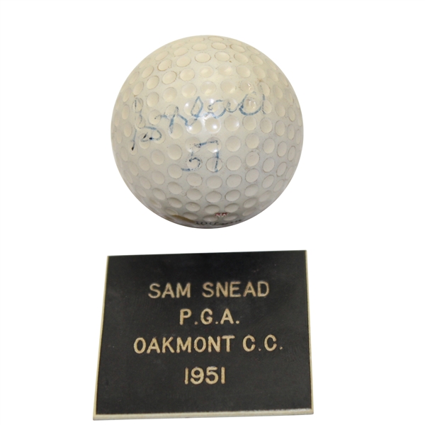 Sam Snead 1951 PGA Championship at Oakmont C.C. Tournament Used Golf Ball Gifted To Ralph Hutchison