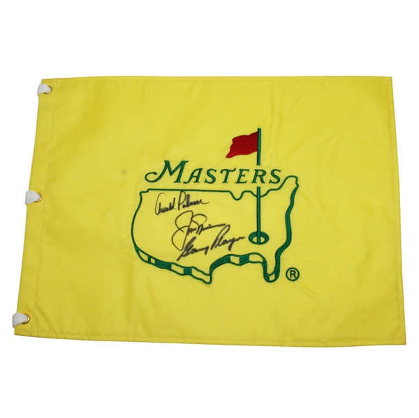 Big Three Signed Undated Masters Embroidered Flag - Palmer, Nicklaus, Player JSA ALOA