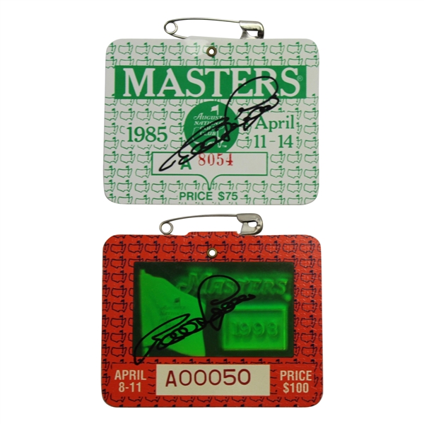 Bernhard Langer Signed 1985 & 1993 Masters Badges JSA ALOA