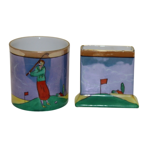 Pair of Noritake Hand Painted Items - Cylinder with Golfer & Holder with Hole/Flag 