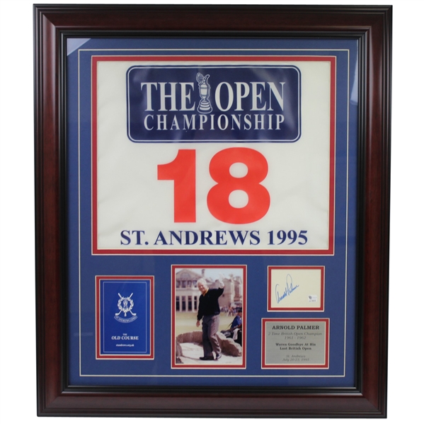 Arnold Palmer Signed 1995 Open at St. Andrews Display with Guide, Photo, and Flag JSA ALOA