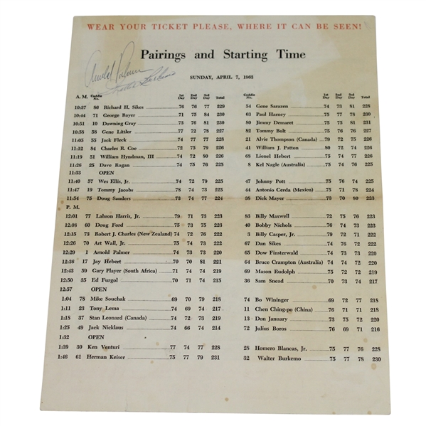 Arnold Palmer Signed 1963 Masters Sunday Pairing JSA ALOA