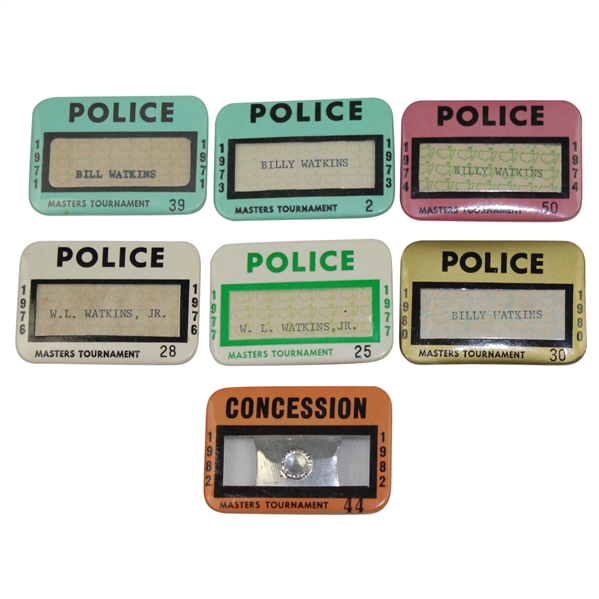 Lot of Six Masters Police Badges & One Concession Badge - 1971, 73, 74 ,76 ,77, 80, & 82