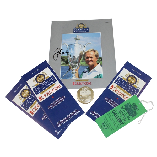 Jack Nicklaus Signed 1992 Seniors PGA Program with Ticket, Pairings, and Pinback JSA ALOA