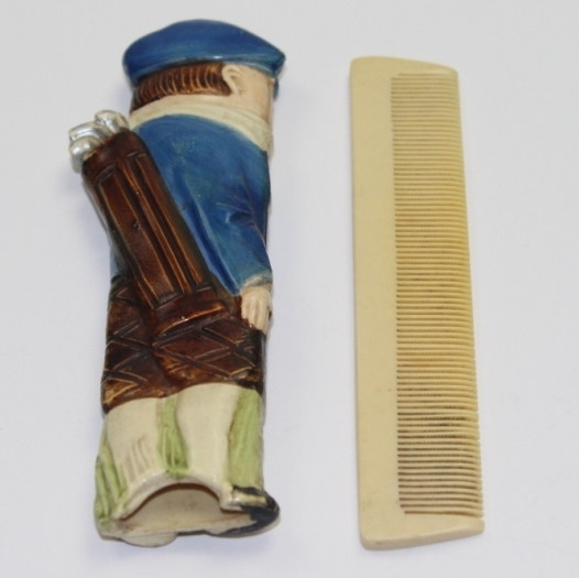 Vintage Comb Holder - Blue Shirt and Blue Hat Golfer with Clubs and Knickers