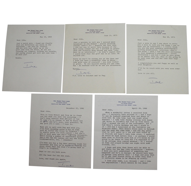 Lot of 5 Mrs. Robert Trent Jones (Ione) Personal Letters Written to Legend John Derr JSA COA