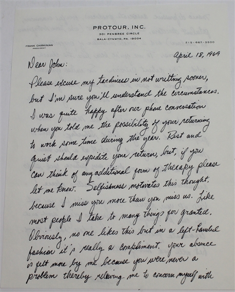 Frank Chirkinian Personal Hand Written Letter to Legend John Derr JSA COA