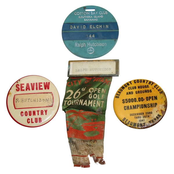 1949 Miami Open Contestant Badge with Seaview CC, Beaumont CC, and Cotton Bay Bag Tag