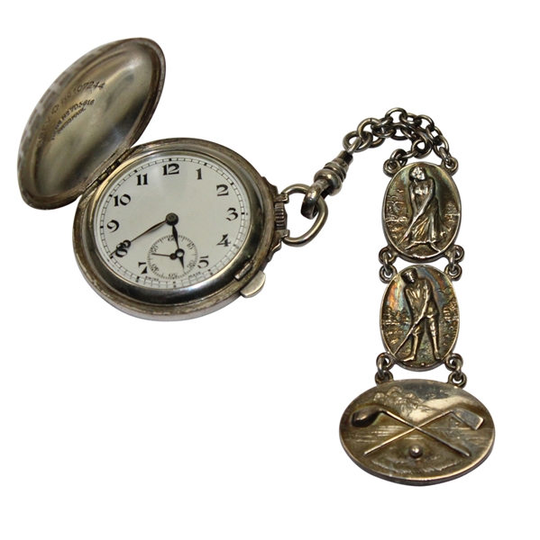 Talis of Switzerland Silver Plated Mesh Pattern Pocket Watch with Golf Charms