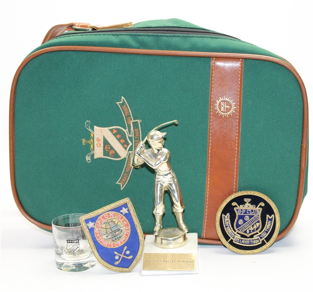 G.P. Misc Lot: Walter O'Malley Trophy, 1968 Presidents Party Shot Glass, 2 Crests, G. P. Bag