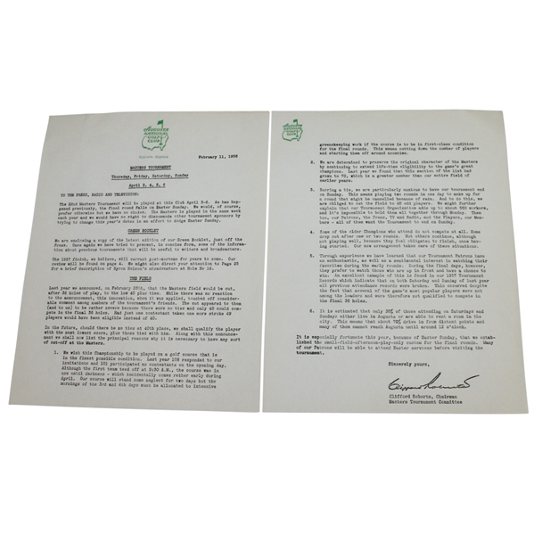 1958 Masters Tournament Clifford Roberts Letter for Press, Radio, & Television - February