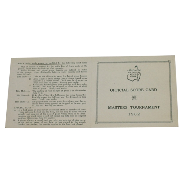 1962 Masters Tournament Official Scorecard