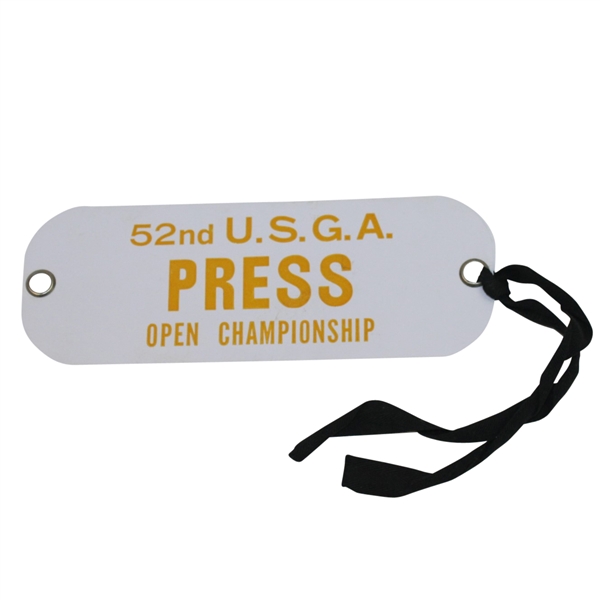 1952 US Open Championship Yellow Letter on White Press Badge with String