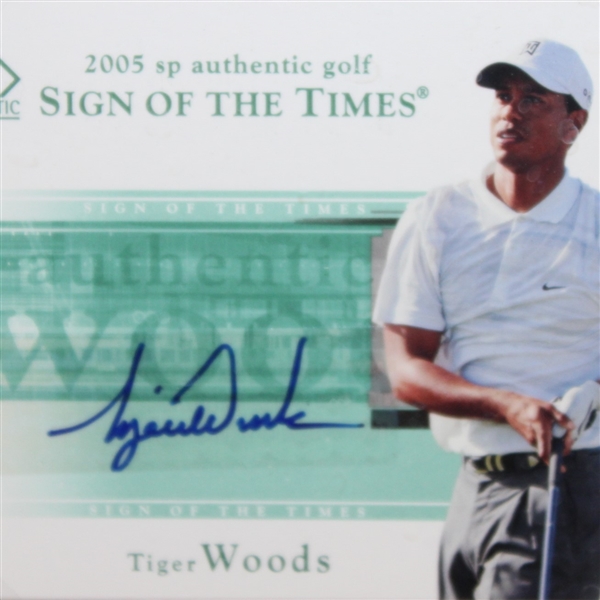 Tiger Woods UDA Signed 2005 'Sign of the Time' Card - Framed Masters Holes Display