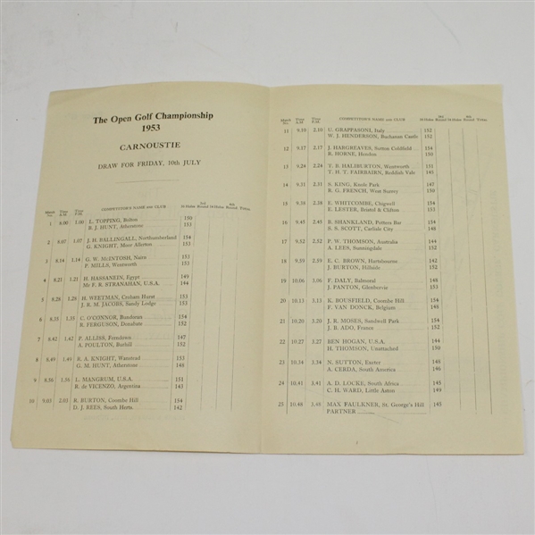 1953 Open Championship at Carnoustie Friday 'Order of Play' Guide