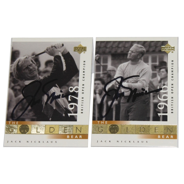 Two Jack Nicklaus Signed 'The Golden Bear' 1966 & 1978 Open Champ Cards JSA ALOA