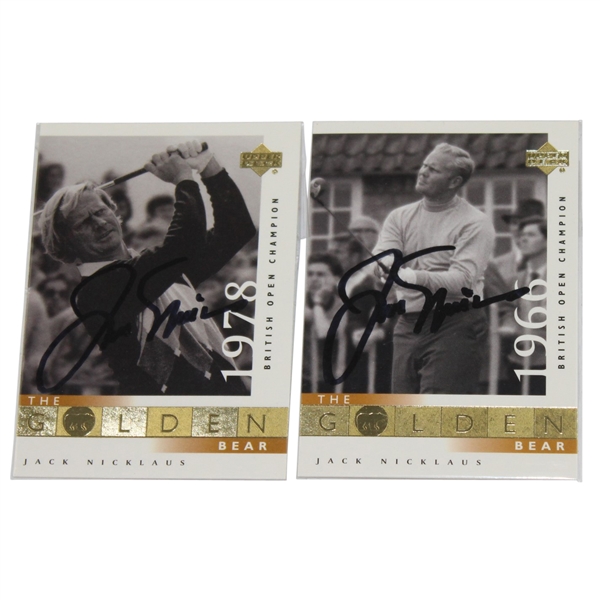 Two Jack Nicklaus Signed The Golden Bear 1966 & 1978 Open Champ Cards JSA ALOA