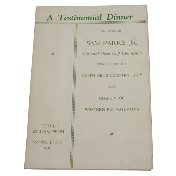 1935 Testimonial Dinner Program Honoring Sam Parks, Jr. - South Hills CC