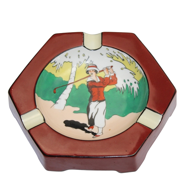 Noritake Hand Painted Ash Tray with Female Golfer Post Swing