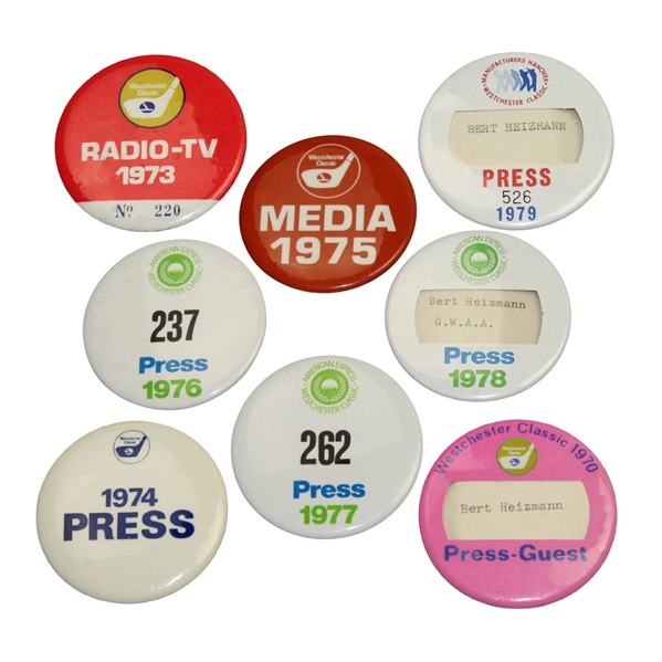 Lot of 8 1970s Westchester Classic Press, Radio/TV, Press-Guest, and Media Pins
