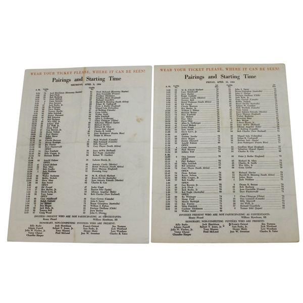 1964 Masters Pairing Sheets - Thursday & Friday