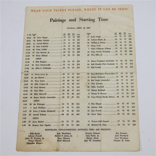 1964 Masters Sunday Pairing Sheet