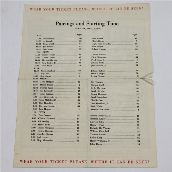 1950 Masters Thursday Pairing Sheet