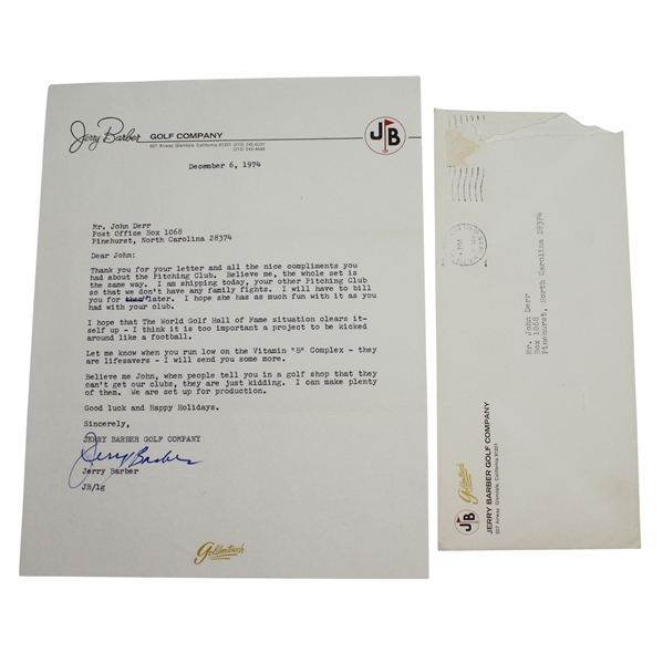 Jerry Barber Personal Letter Written to Legend John Derr JSA COA