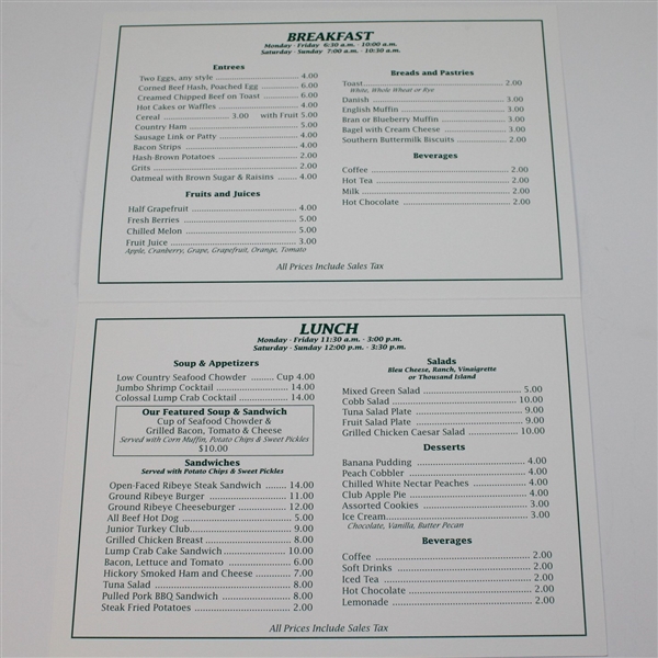 2005 Masters Tournament Clubhouse Menu - Tiger Woods Winner