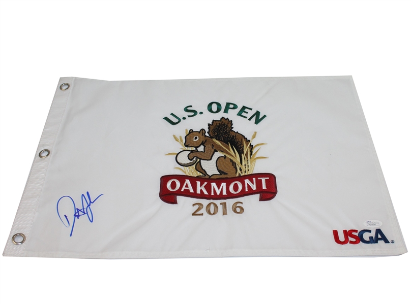 Dustin Johnson Signed 2016 US Open at Oakmont White Embroidered Flag JSA #P67604