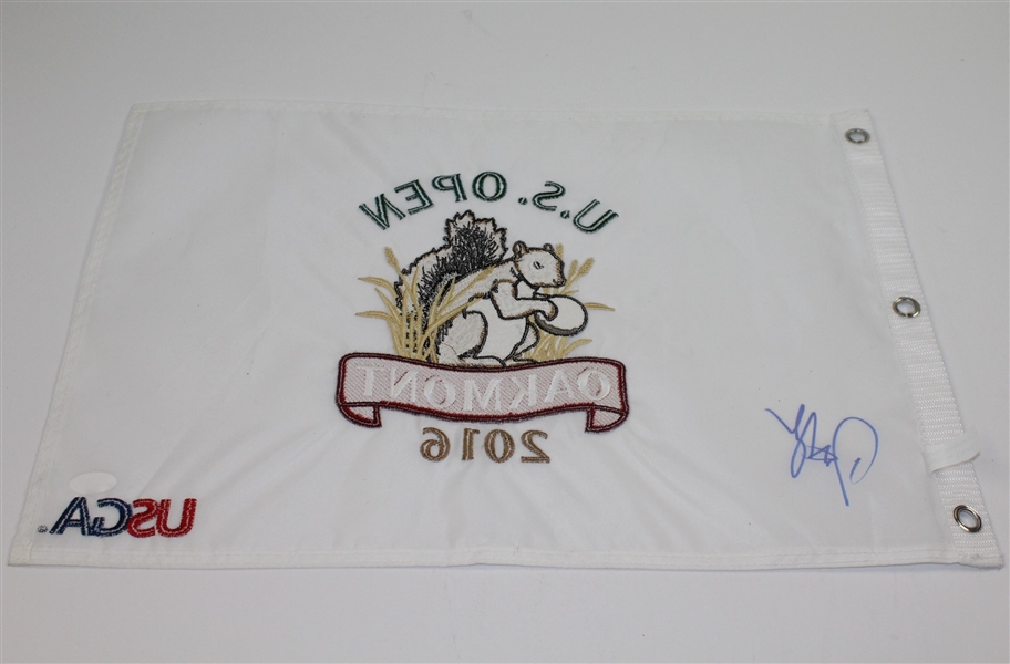 Dustin Johnson Signed 2016 US Open at Oakmont White Embroidered Flag JSA #P67604