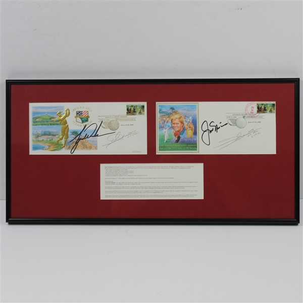 Tiger Woods & Jack Nicklaus Signed 2000 US Open Cachets - Framed JSA ALOA