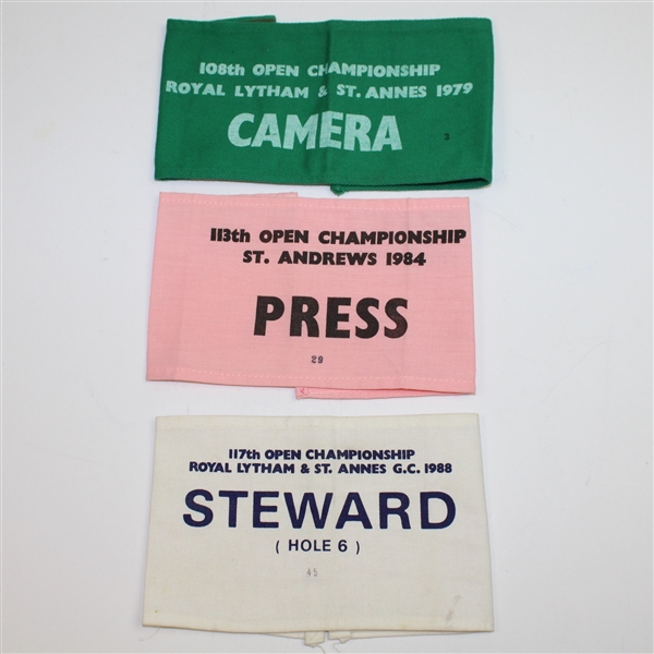1979, 1984, & 1988 Open Championship Arm Bands - All Three Seve's Victories