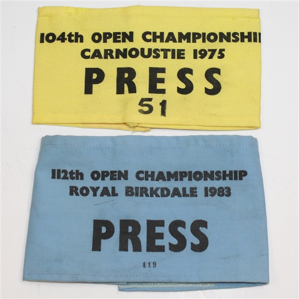 1975 & 1983 Open Championship PRESS Arm Bands - First & Last Tom Watson Open Wins