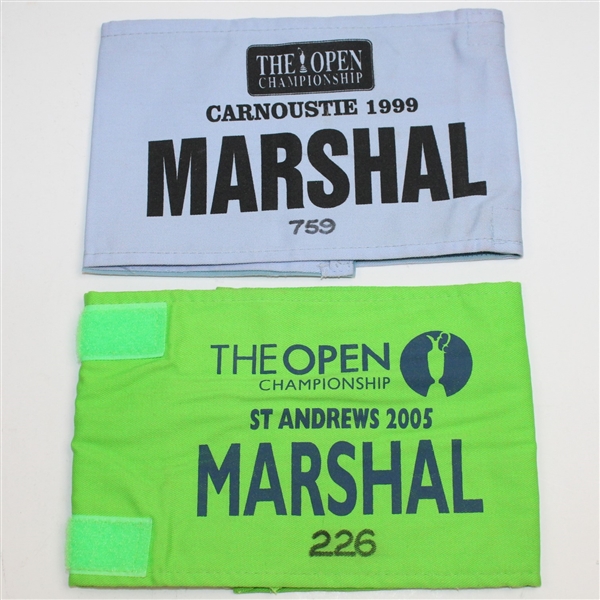 1999 & 2005 Open Championship Marshal Arm Bands - Tiger Woods & Paul Lawrie Wins