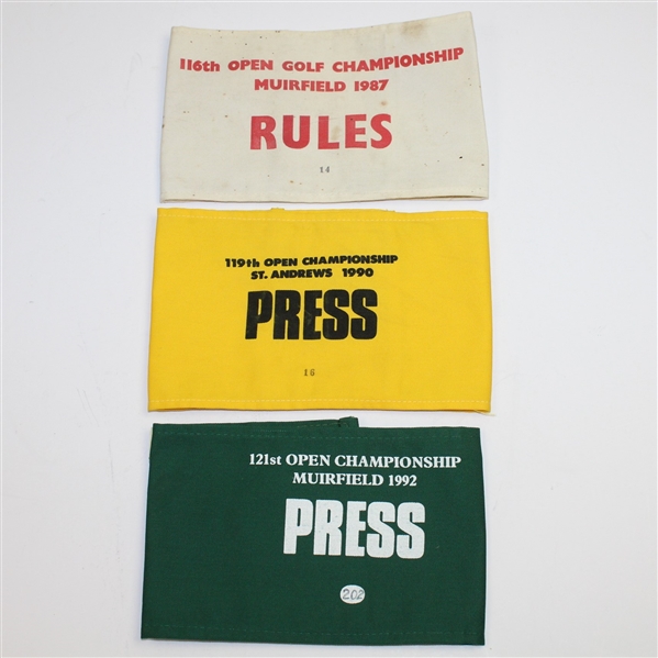 1987, 1990, & 1992 Open Championship Arm Bands - Nick Faldos Three Open Wins