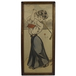 Vintage Woman Golfer in Foreground Swinging Hickory Club with Tee Marker in Background