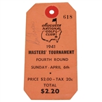 1941 Masters Sunday Ticket Signed by Champ Craig Wood, Hogan, Demaret, Byrd, & Nelson JSA ALOA