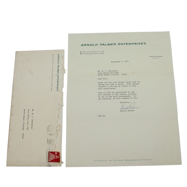 Arnold Palmer Signed 1970 Arnold Palmer Enterprises Letter with Envelope JSA ALOA