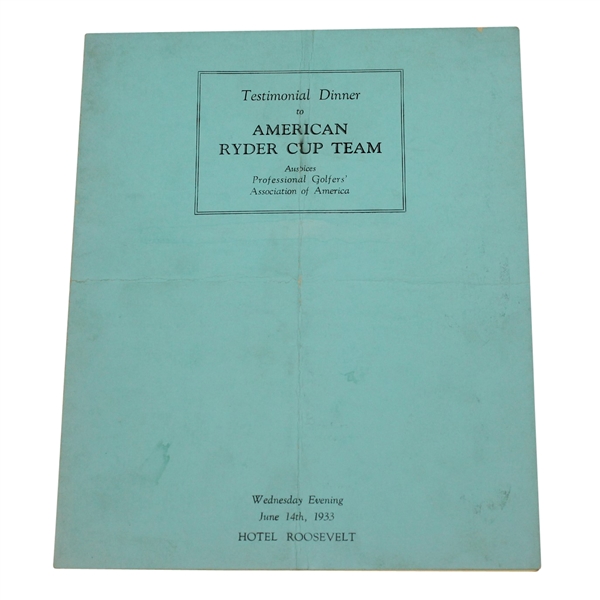 1933 American Ryder Cup Team Testimonial Dinner Menu Signed by Runyan & Shute JSA ALOA